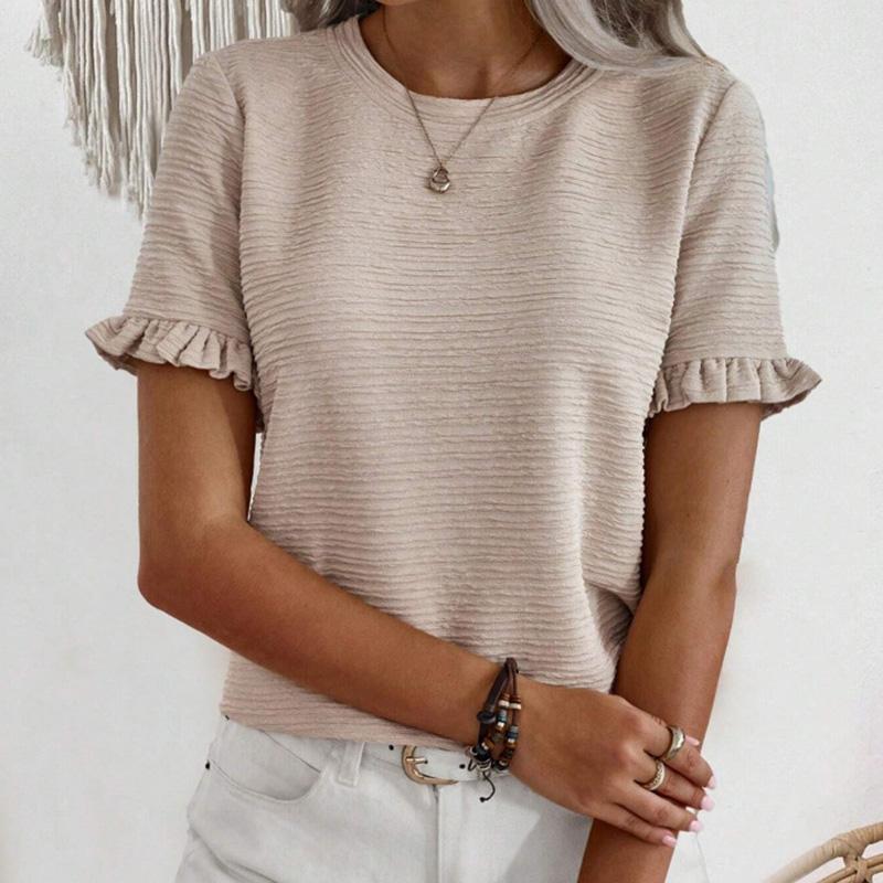 Ladies Summer Ruffles Short Sleeve O Neck Pullover T Shirt Blouse Top