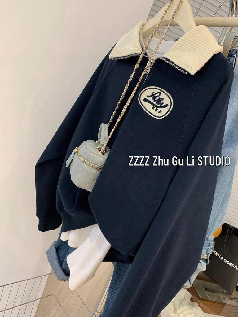 Plus Size Women's Polo Collar Half-Zip Sweatshirt - Loose Fit, Temperament-Enhancing Top