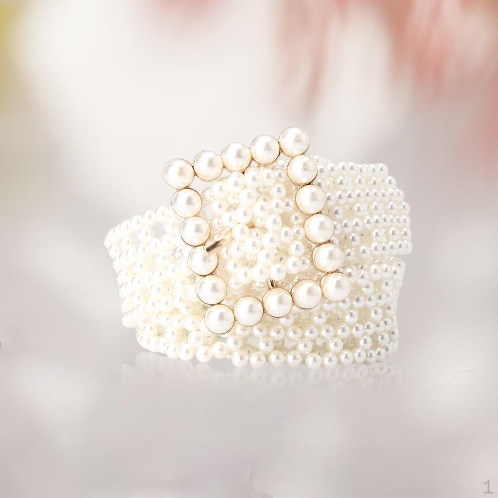 Bling Pearls Waist Belt Faux Pearl Beaded Buckle Elegant Bridal Chain Girls Dress Sash Elastic