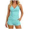 Women's Two-Piece Swimsuit Slim Fit V Neck Camisole Shorts Set Solid Color Tankini Beach Vacation Swimwear Sexy Outfit Bikinis