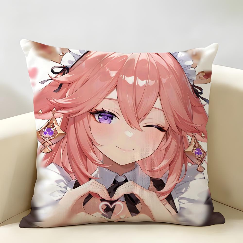 Yae Miko Genshin Impact Cushion Cover Natural Linen Organic Fabric DoubleSided Printing Room Sofa Decor Pillow Case