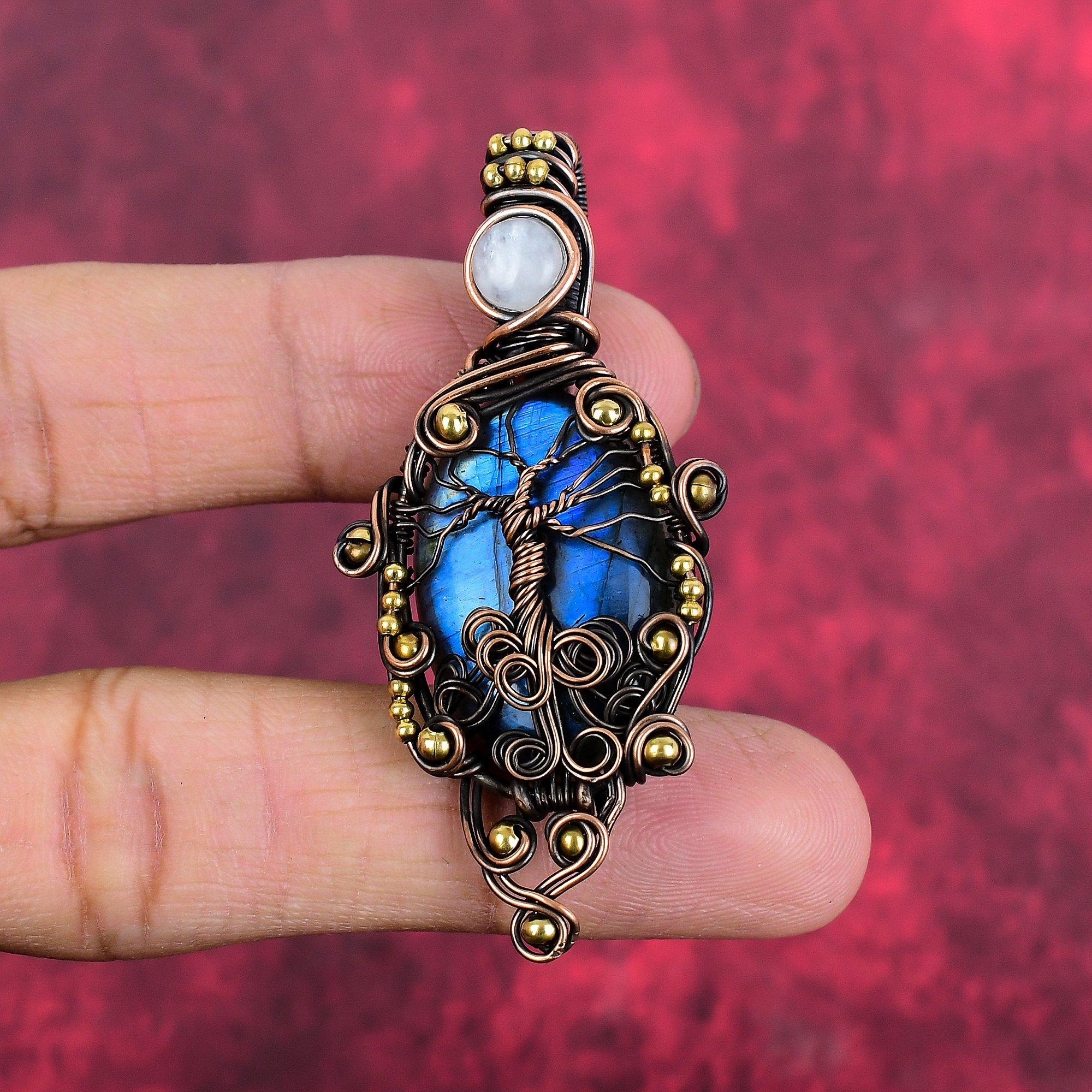 Tree of life labradorite pendant copper wire wrapped pendant handmade pendant rainbow moonstone pendant gift for her gemstone copper jewelry