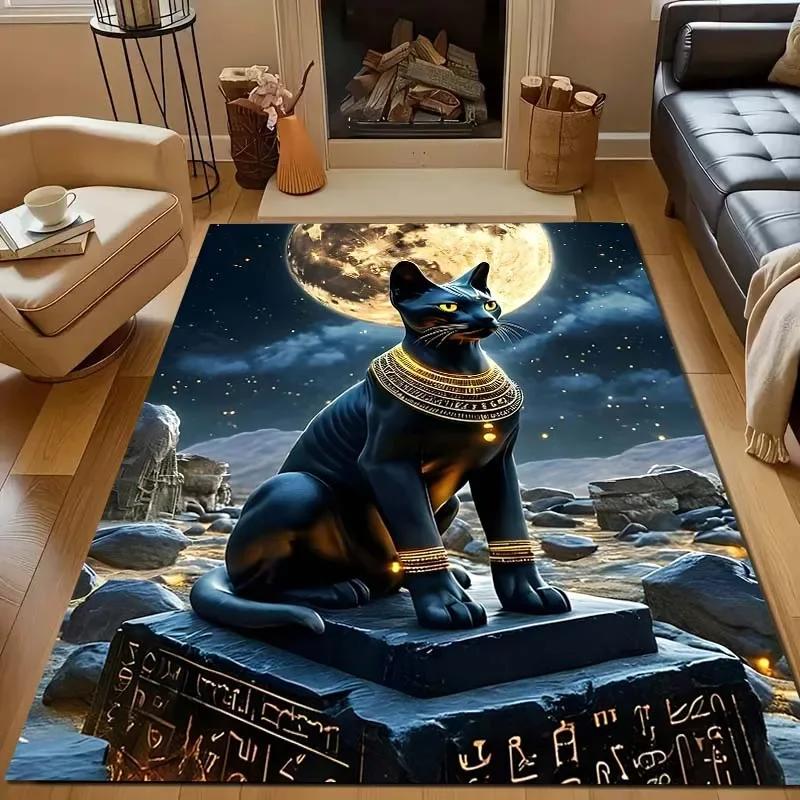 New Shelves! Egyptian Mythology Black Cat Carpet, Living Room Bedroom Office Children's Room Rugs, Non-slip Machine Washable Mat