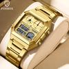 For FB0057 4 Subdials 40mm Simple Square Gold Chronograph Alarm Date Stainless Steel Business Waterproof WristWatch+ Gift Box