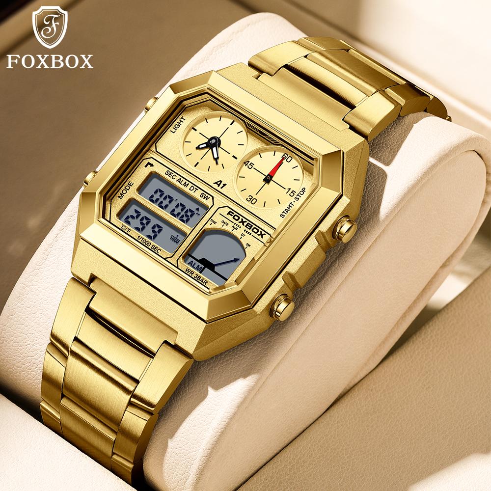 For FB0057 4 Subdials 40mm Simple Square Gold Chronograph Alarm Date Stainless Steel Business Waterproof WristWatch+ Gift Box