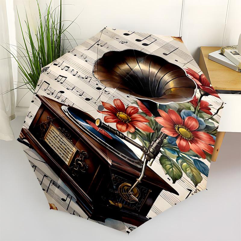 1pc Vintage Gramophone with Flowers and Sheet Music Umbrella with Plastic Handle,Suitable for All Seasons Home Travel Outdoor Umbrellaptys31012