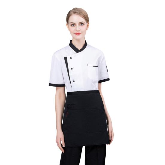 Chef Uniform Chinese Stand-Up Collar Short Sleeve Unisex Chef Tops with Practical Button Closure Color Matching Functional Pocket Restaurant Kitchen