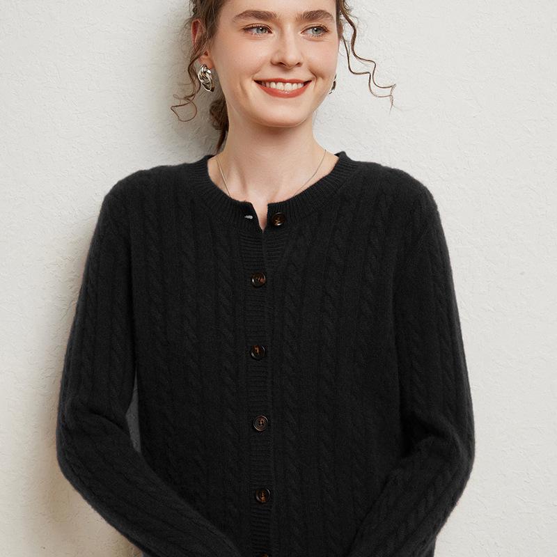 Women's Seven-Stitch Cable Knit Cashmere Cardigan - Long Sleeve, Loose Fit, Slimming, Warm, Round Neck, Single-Breasted