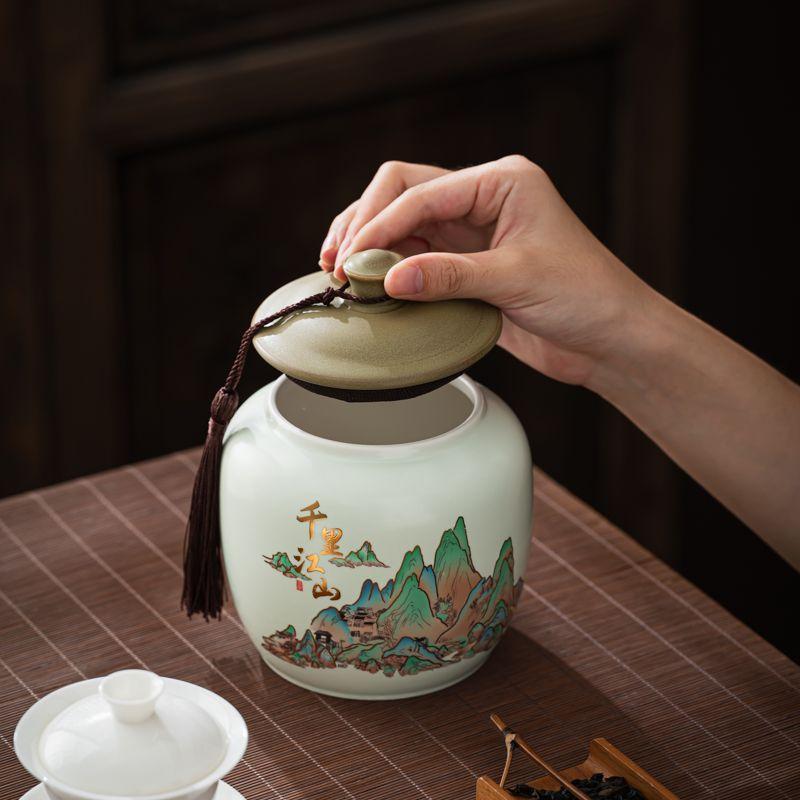 Vintage Mountain Scenery Pattern Ceramic Tea Caddy Moisture Seal Nut Candy Storage Jar Ink Ceramic Storage Bottle Art Decoration