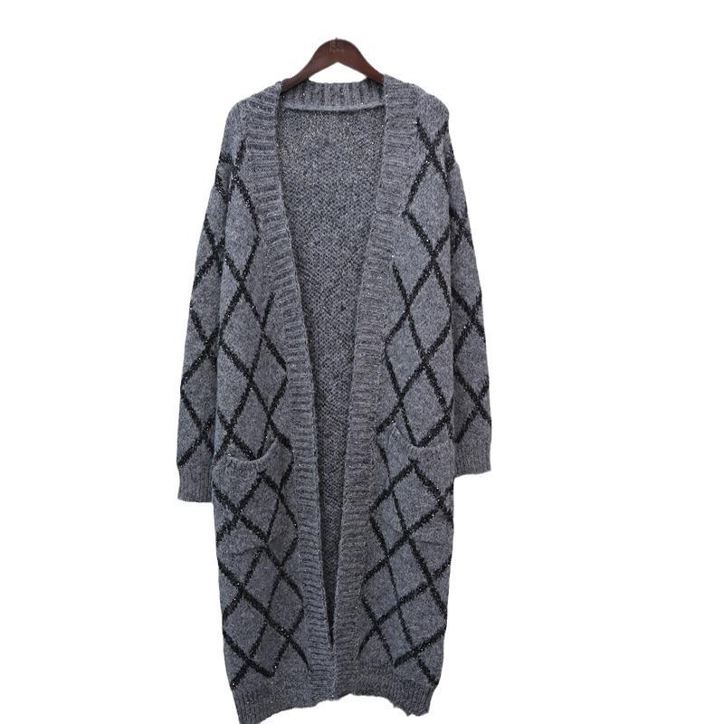 Autumn new long knee pocket sweater jacket lazy wind rhombus design temperament knitted cardigan women