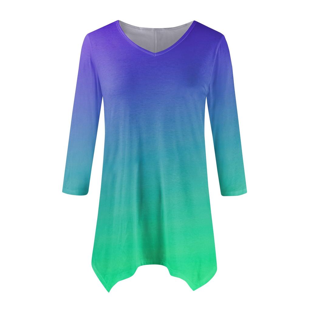 Women's Fashion Casual V-neck Gradual Print Seven-point Sleeve Shirt Belted Loose Comfortable Top