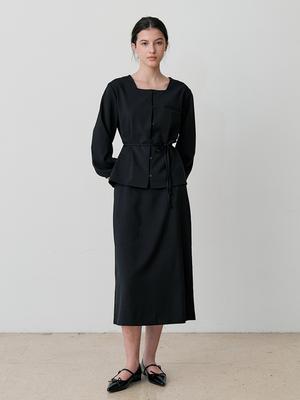 LE STUDIO Tie-Waisted Blouse & Skirt Set (Bk)