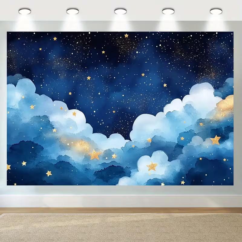 Dreamy Celestial Nursery Tapestry, Blue Watercolor Sky with Stars 47.2x31.5inch/120*80cm