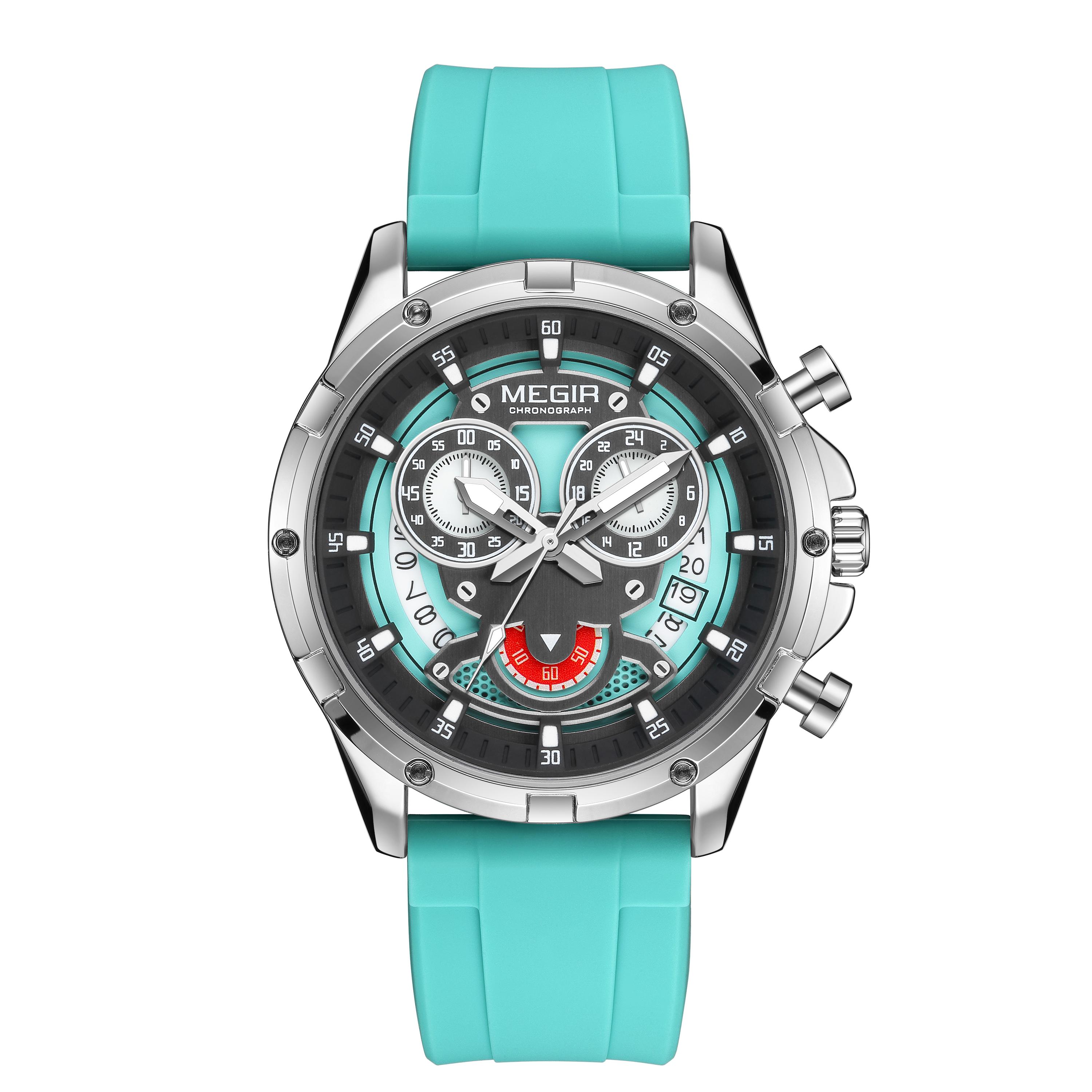 

Men s Quartz Watch with White Silicone Strap Luminous Hands Fashion Sport Waterproof Chronograph Wristwatch with Calendar зелений