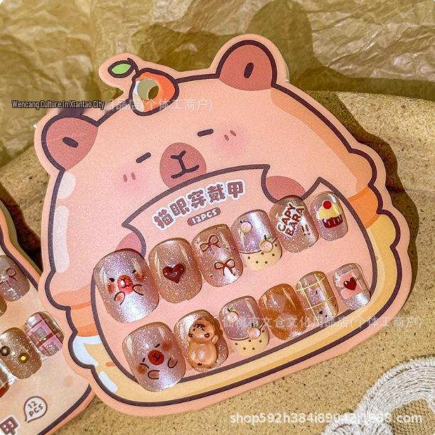 Carpincho Cat Eye Kids' Self-Adhesive Wearable Nail Stickers - Traceless Short Manicure Pieces for Little Girls' Gift