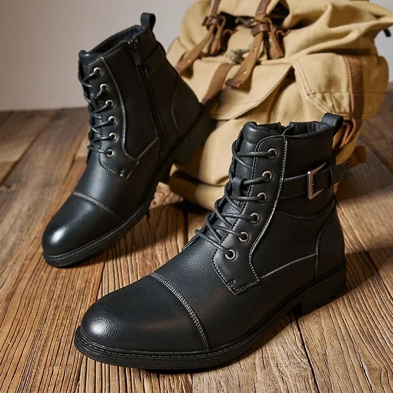 Autumn Winter Anti Slip Retro Man Leather Boots Lace Up High Top Ankle Boots Outdoor Men Martiin Boot Side Zipper Tooling Boots