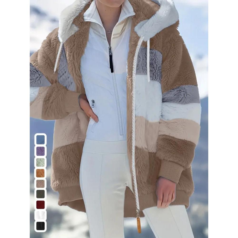 Elegant Fleece-Lined Hooded Jacket with Zip Pockets for Fall/Winter