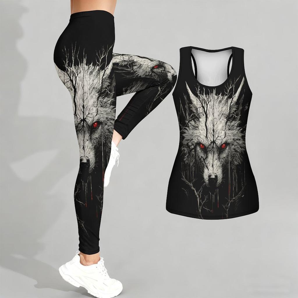 Fierce Wolves Pattern Print Yoga Outfit for Women Fashion Workout Leggings Fitness Sports Casual Yoga Set Sports Suit