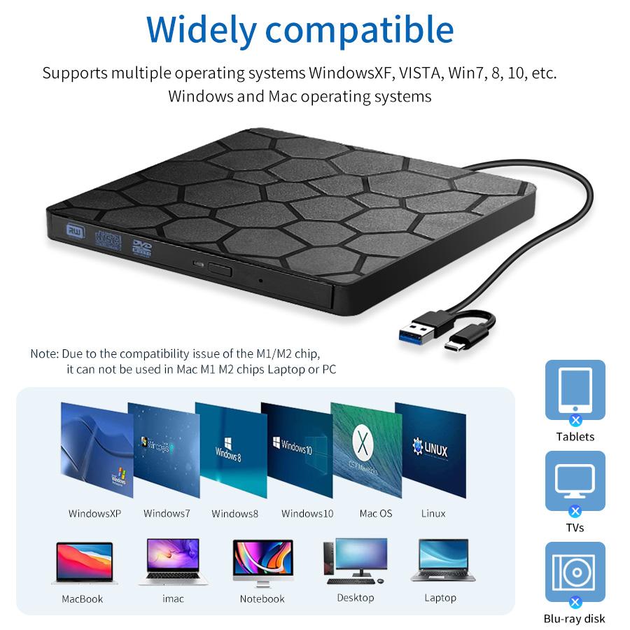 USB3.0 Type C External Optical Drive DVD RW CD Reader Burner Portable DVD Writer Player For Laptop PC Windows 11 10 Linux OS Mac