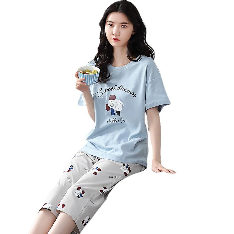 Korean Style Women's Summer Pajama Set – Imitation Cotton, Short Sleeve, Capri Pants, Thin, Cute, Plus Size