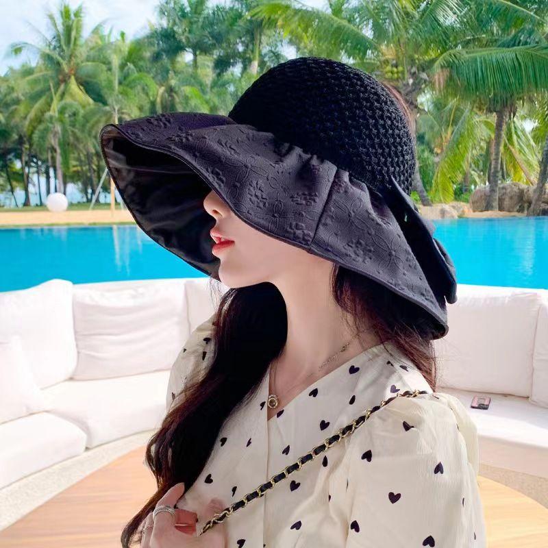 

Air Top Color Plastic Sun Hat Big Brim Thin Face Sun Hat Can Store Outdoor Beach Bows UV Girl s Cap Colored Glue Black