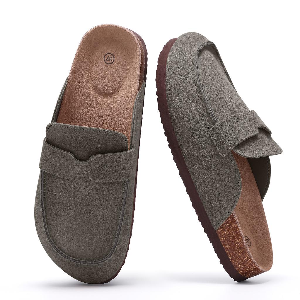Fashion Smile Women's Leather Mules Slippers Suede Clogs With Adjustable Strap Cork Footbed Unisex Outdoor Comfortable Potato Shoes