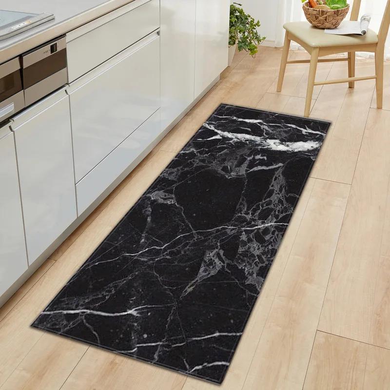 Black White Marble Print Long Runner Rug Non-slip Washable Kitchen Floor Mat Modern Abstract Home Decor Carpet