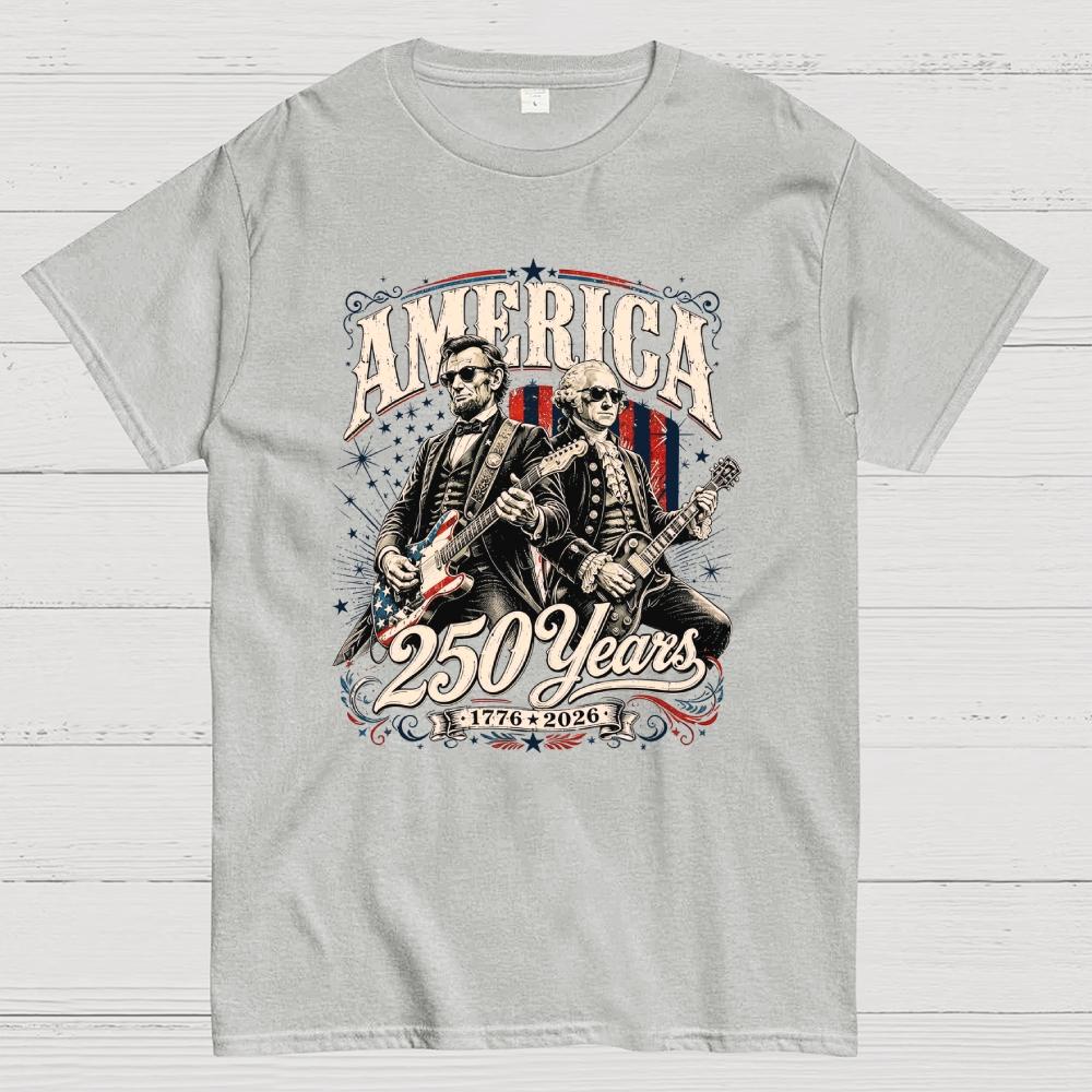 250 Years America Anniversary George Washington & Lincoln Playing Guitar Funny 4th of July Cotton Casual Cool Loose T-Shirt