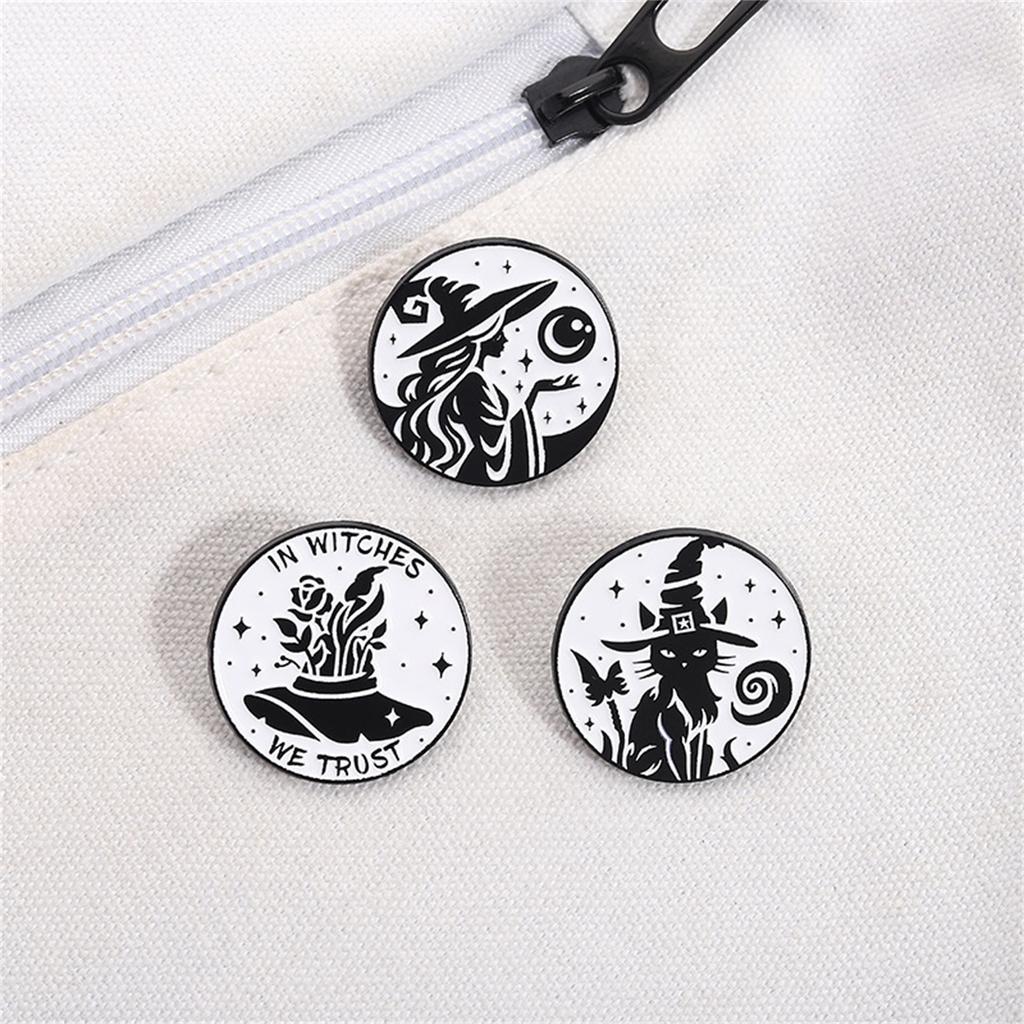 Witch Brooch Gothic Enamel Pin Punk Styles Black Cats Designs Jewelry Accessory For Halloween Outfit Decoration