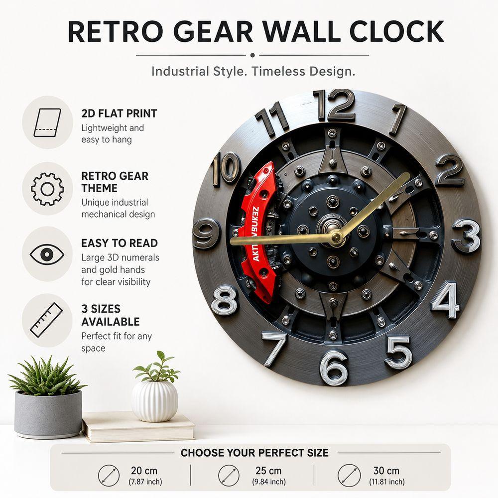 Wood Gear Wall Clock 2D Flat Print Gear Pattern Mechanical Theme Clock Retro Industrial Style Round Shape Round Wall Clock