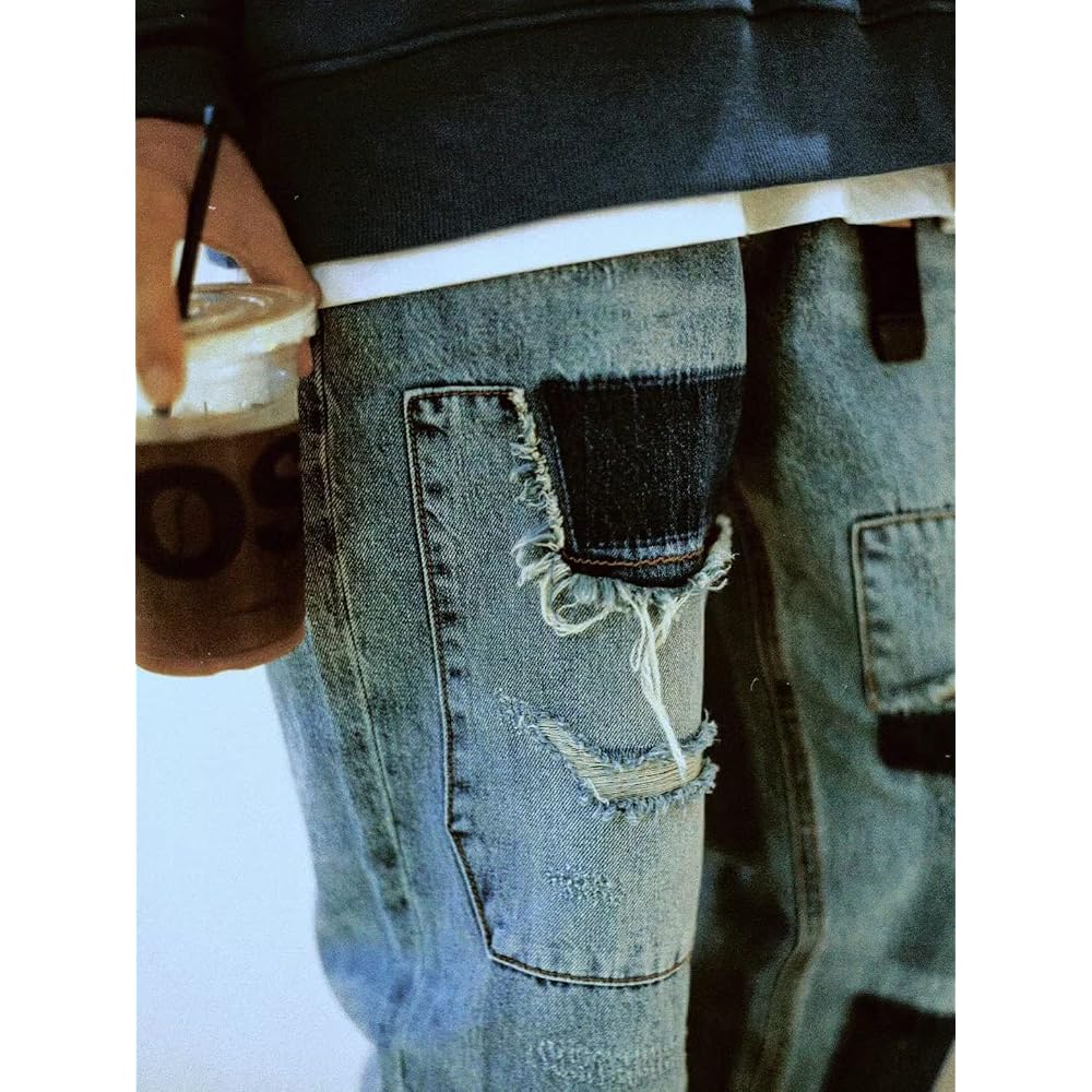 Change Well Men's Vintage Style Straight Casual Denim Pants Blue Size 28 with Distressed Design