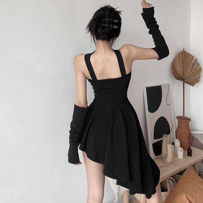 Black Gothic Off Shoulder Dresses Elegant Retro Slim Irregular Hem Women's Halter Dress with Sleeves