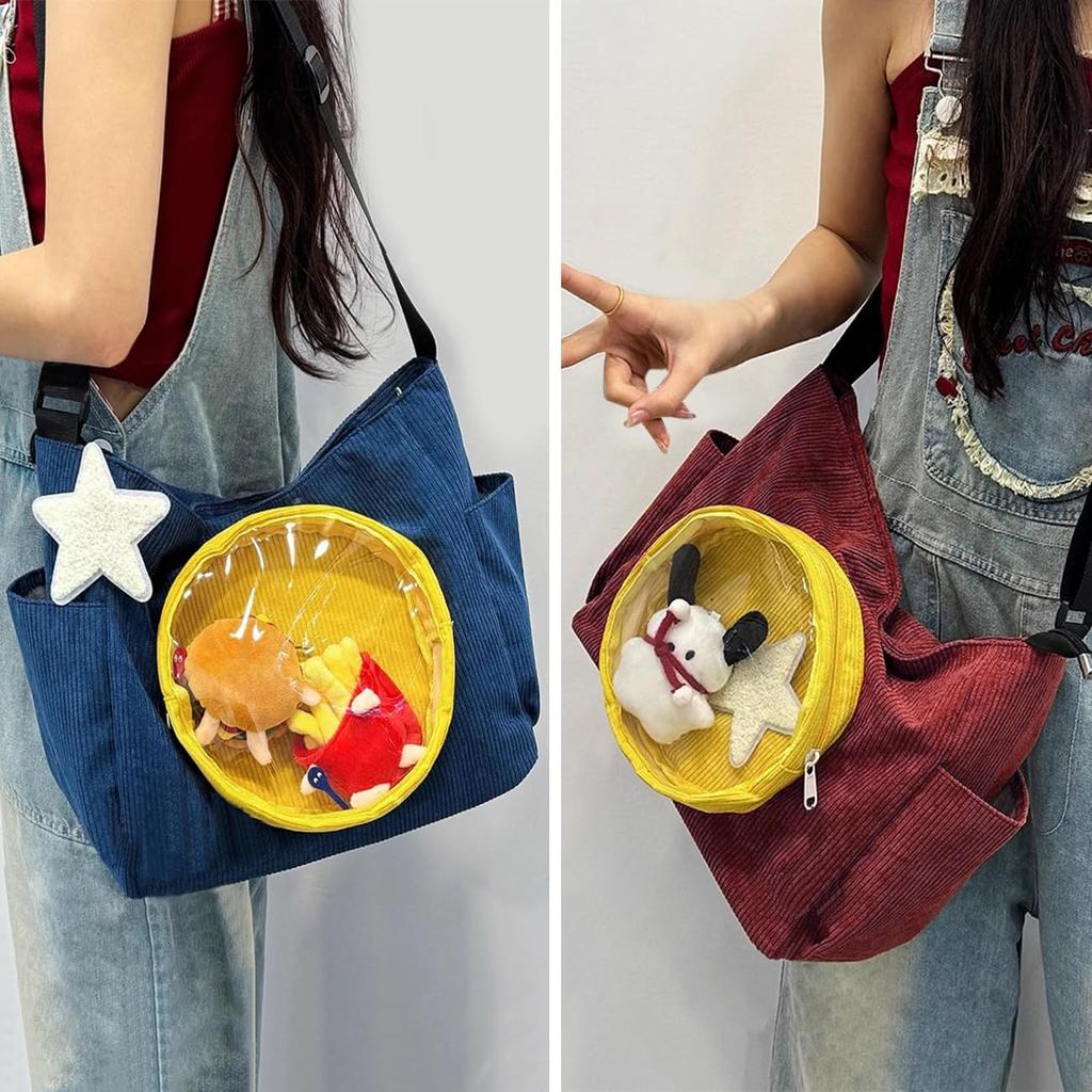 [YUYAKESHI] Cute Corduroy Ita Bag, Shoulder Bag, Perfect for Going Out, Round Transparent Window, Star Accessory Included, Large Capacity, 2-Way Tote