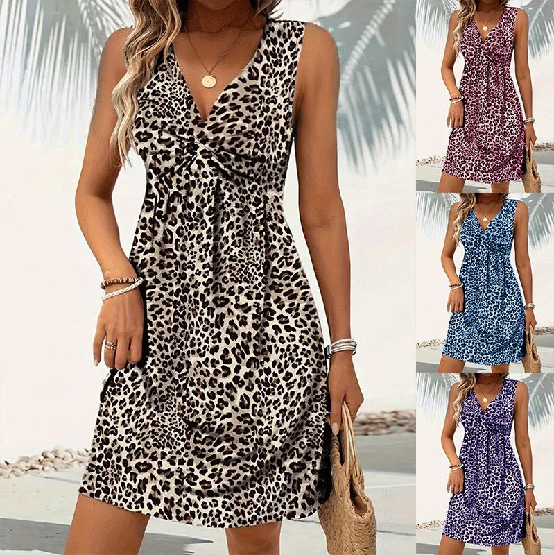 Dame Sommer Ærmeløs A-line Kjole Leopard Sexet V-hals Print Empire Talje Plisseret Twist Design Kjole Elegant Damekjole