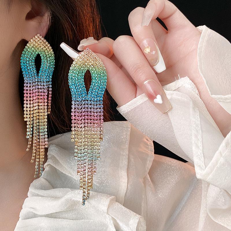 Temperament Color Shiny Rhinestone Long Earrings