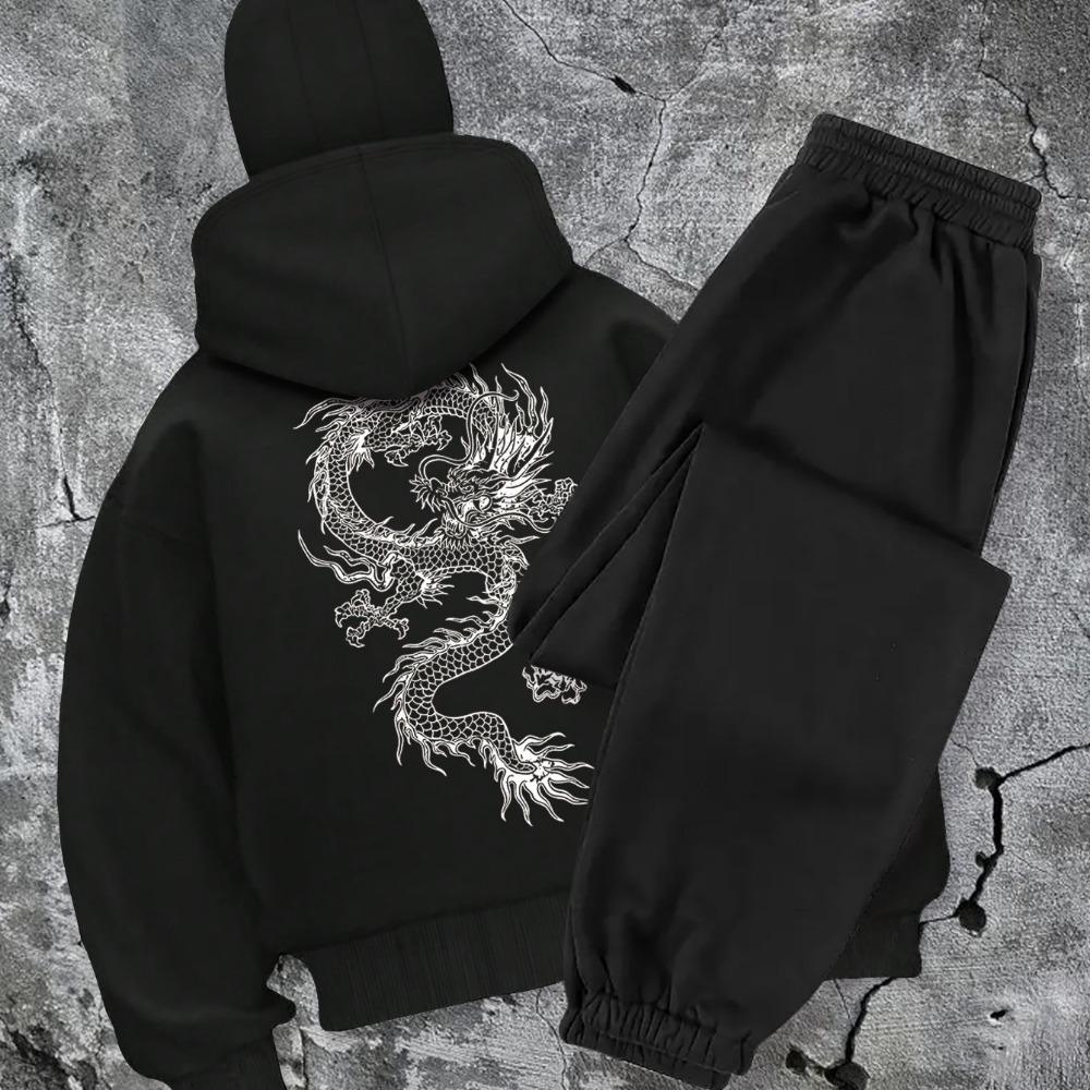 Dragon Patterned Hoodie and Jogging Pants Set, Hooded Zipper and Pants, Casual Streetwear Zipper Hoodie