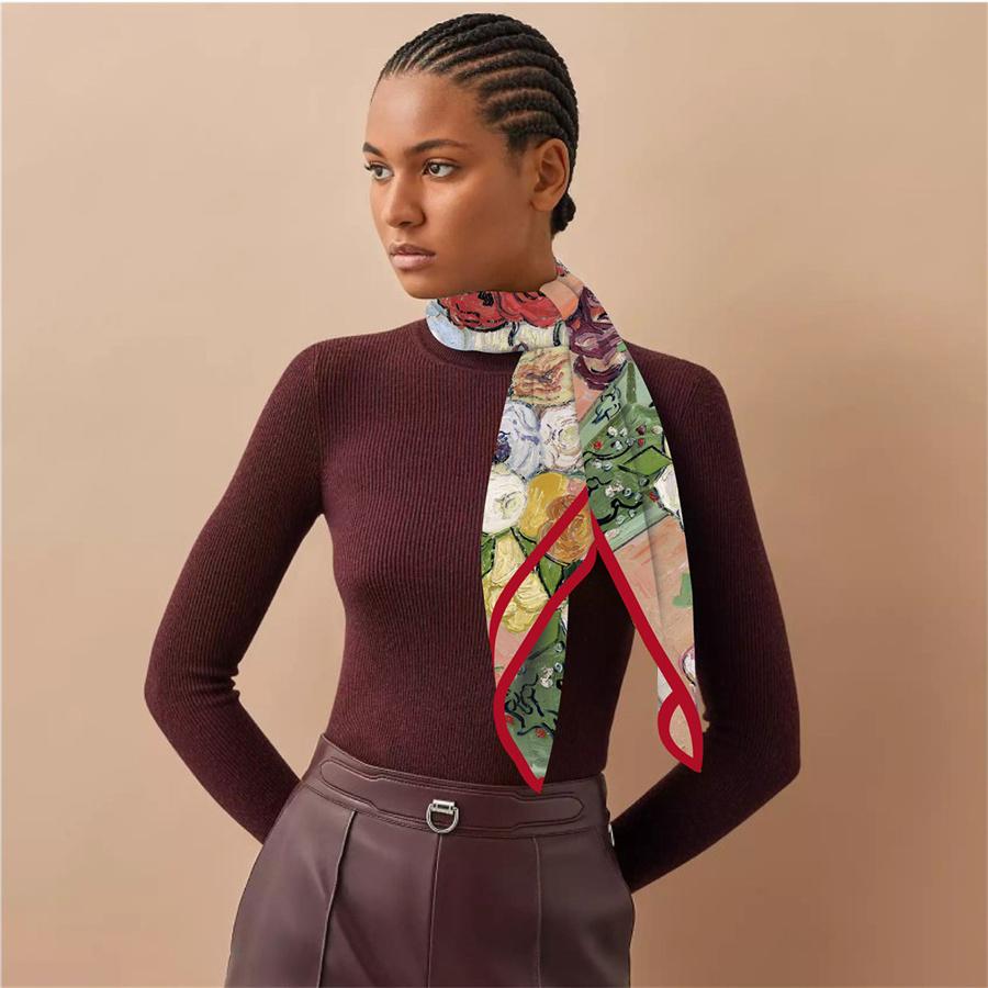 Silk Scarf Women Flowers Print Square Scarves Head Echarpes Silk Foulards Femme Wraps Beach Shawls Bandana Lady Hijabs 90CM