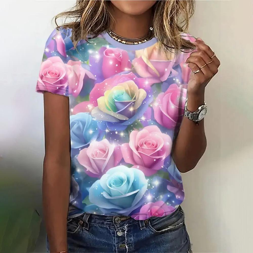 

Women Flower Graphic Print Casual Short Sleeve Crew Neck Summer Street Fashion Tops Outdoor Clothes S