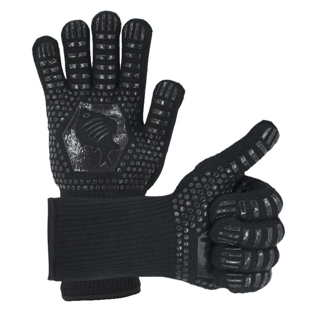 Hitzebeständige und hitzebeständige Grillhandschuhe mit fünf Fingern, wärmeisolierend, mikrowellengeeignet, mit Silikonbeschichtung.