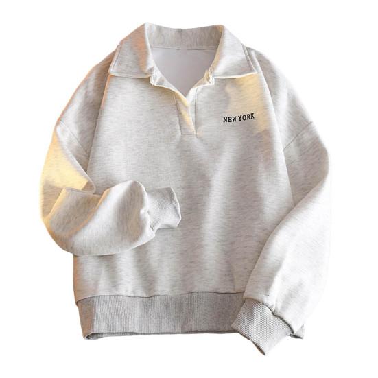 Women Autumn Spring Sweatshirt Turn-down Collar Loose Long Sleeves Pure Color Thin