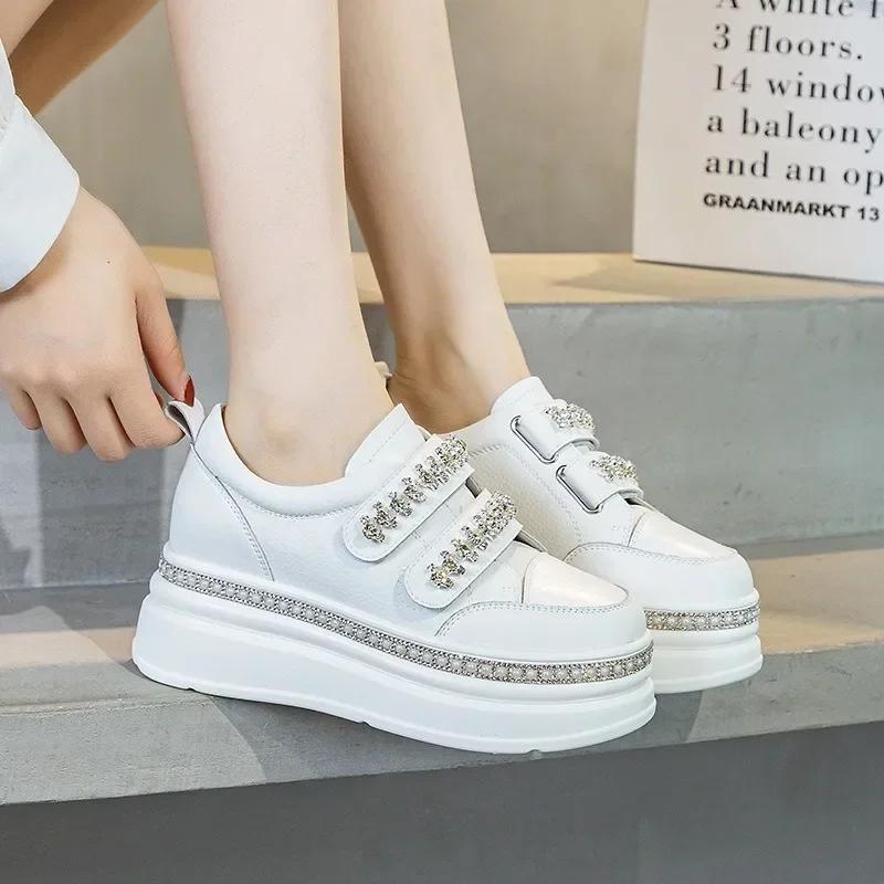 Fashion Top quality 7cm Skate Board Vulcanized Chunky Block Boot Bling Platform Wedge Sneakers Cow Genuine Leather Breathable lady Shoes
