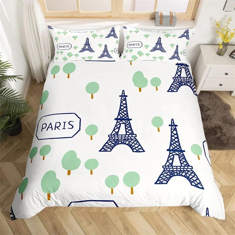 Eiffel Tower Duvet Cover Set Twin King Size Paris Tower Comforter Cover Microfiber Flower Butterfly Bedding Set For Girls Teens