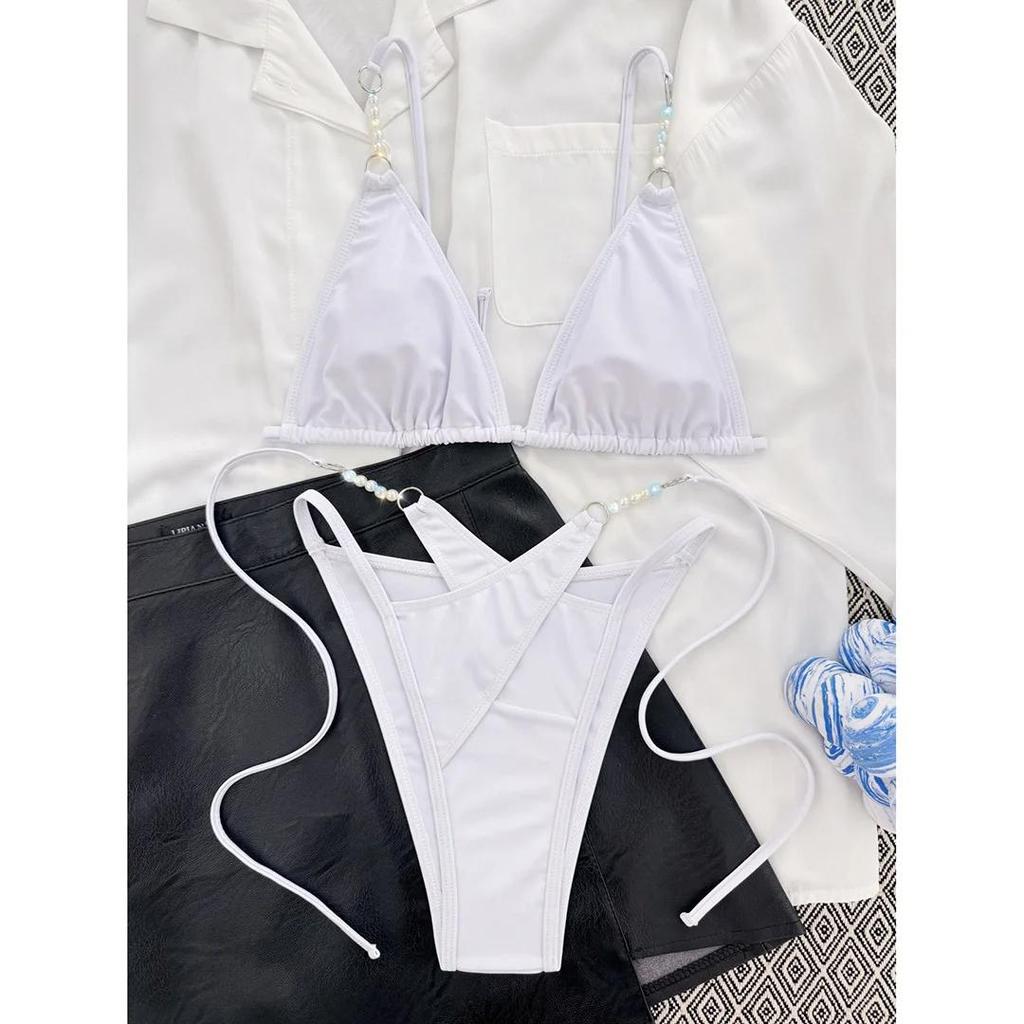 Sexy Halter Pearls Strappy Bikini Female Swimsuit Women Swimwear Two-pieces Bikini set High Cut Bather Bathing Suit Swim