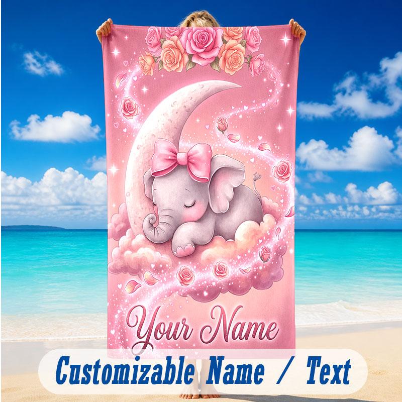 Elephant Theme Beach Towel Personalized Custom Name & Text Soft Quick Dry Beach Towel for Swimming Travel