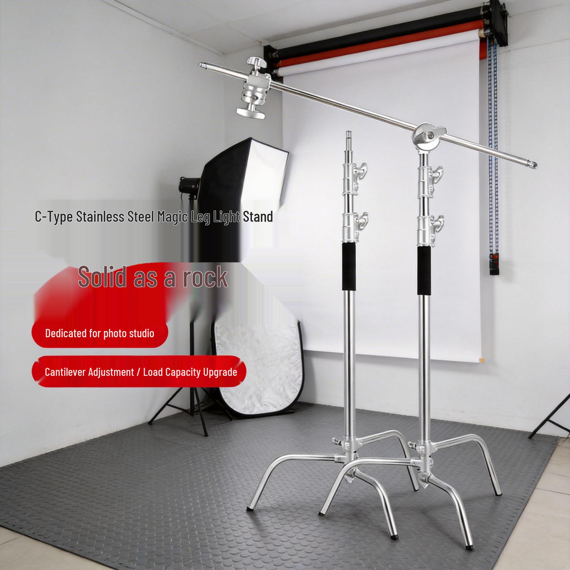 3.3m Stainless Steel Heavy Duty C-Stand with Portable Horizontal & Angled Arm for Photo Studio Lighting. 2.8m Stainless Steel Light Stand