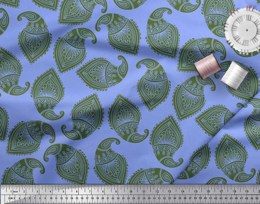 Soimoi Blue Japan Crepe Satin Fabric Green Paisley Printed Craft Fabric by the metre 42 Inch
