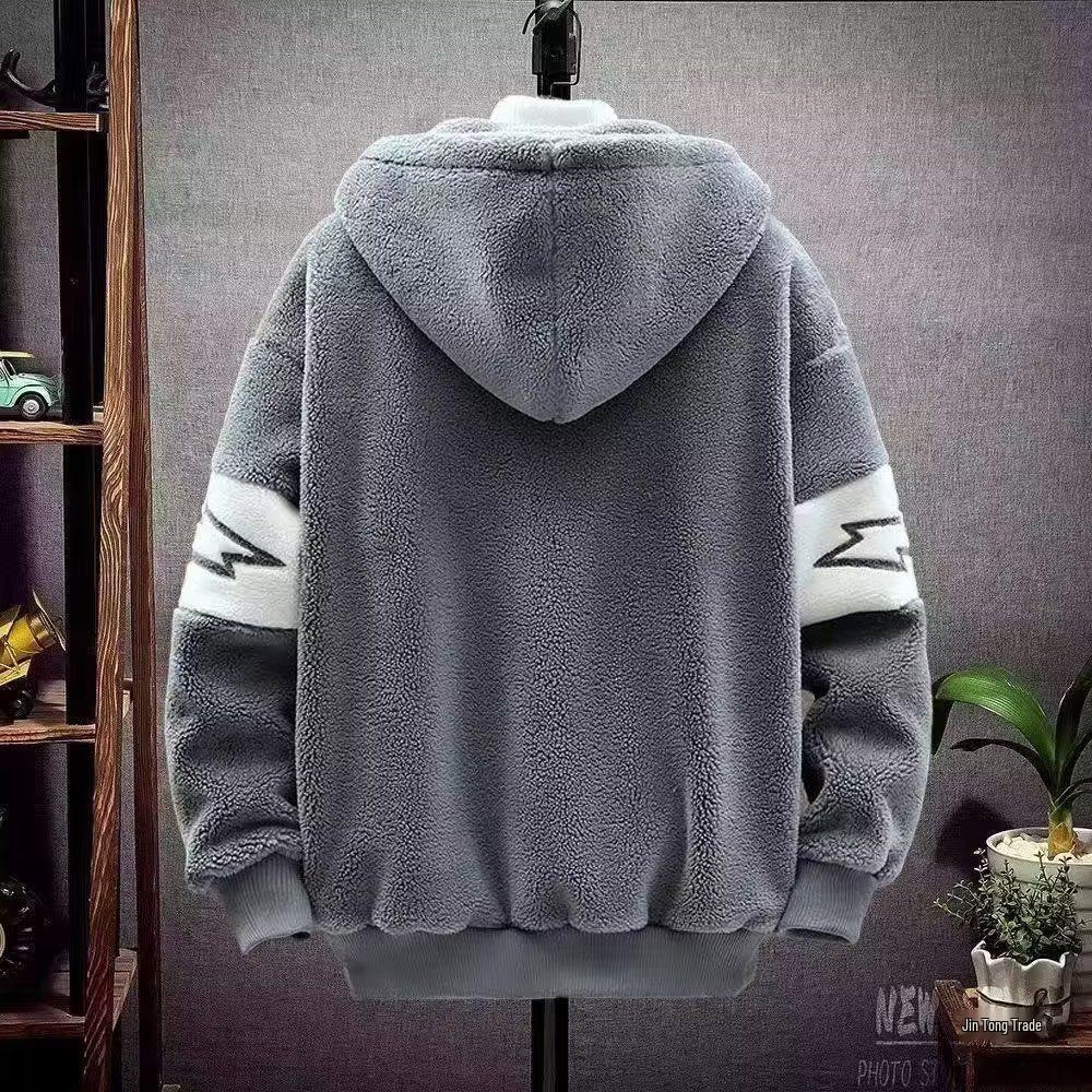 Men's Trendy Hooded Cotton Jacket - Lambswool, Plus Size, Autumn/Winter, Hong Kong Style, Loose Fit, Casual, Warm, Couple's Outerwear