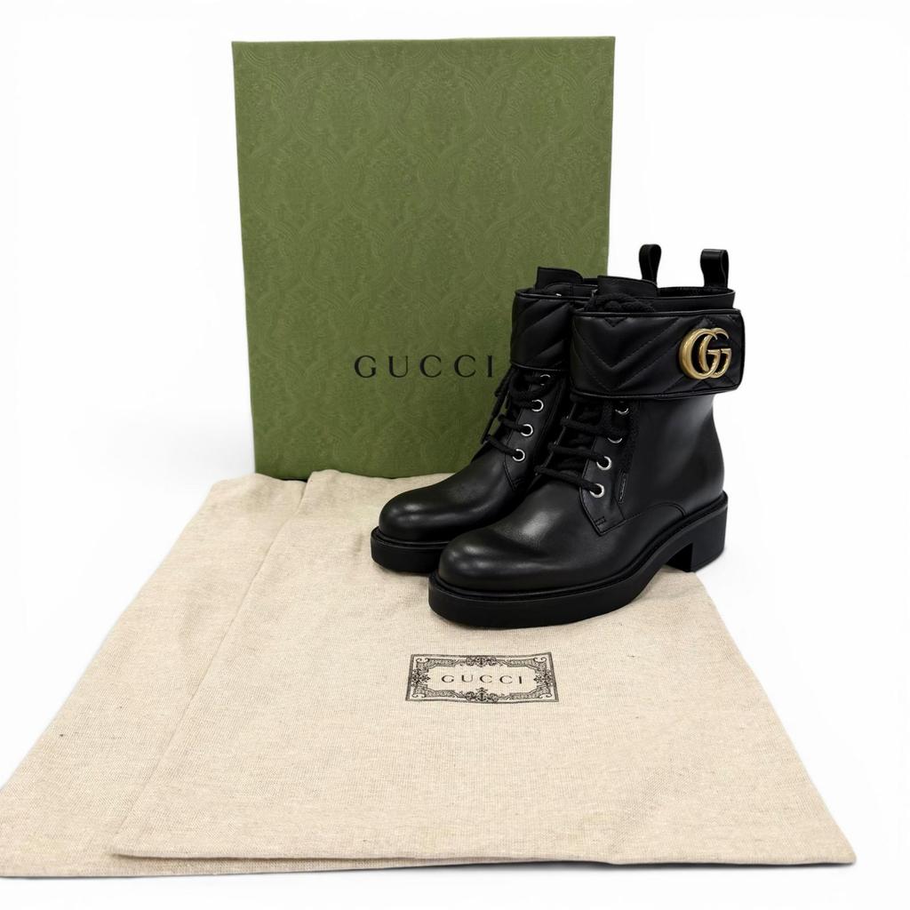 Pristine GUCCI Ankle Boots GG Marmont Lace-Up Leather Short Boots 35 670397 Used
