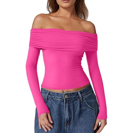 European and American Women's One-Shoulder Long-Sleeve Milk Silk T-Shirt - Elegant and Stylish Design