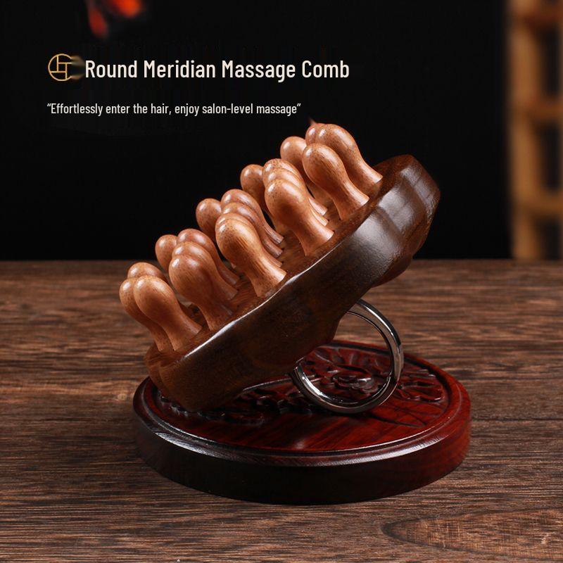 Sandalwood Massage Comb: Round Disc Finger Ring Shampoo Brush for Body and Scalp.